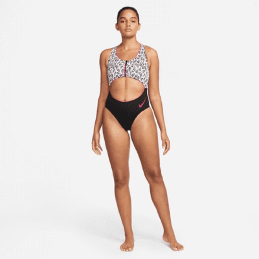 Nike Black and White Cutout One-Piece Swimsuit with Pink Accent